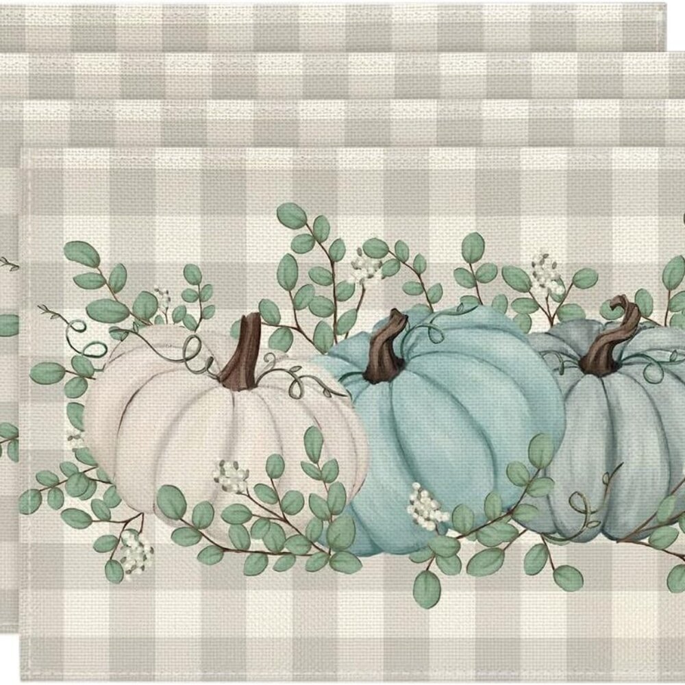 Pumpkins Eucalyptus Leaves Fall Placemats Set of 4, 12x18 Inch Autumn Thanksgivi